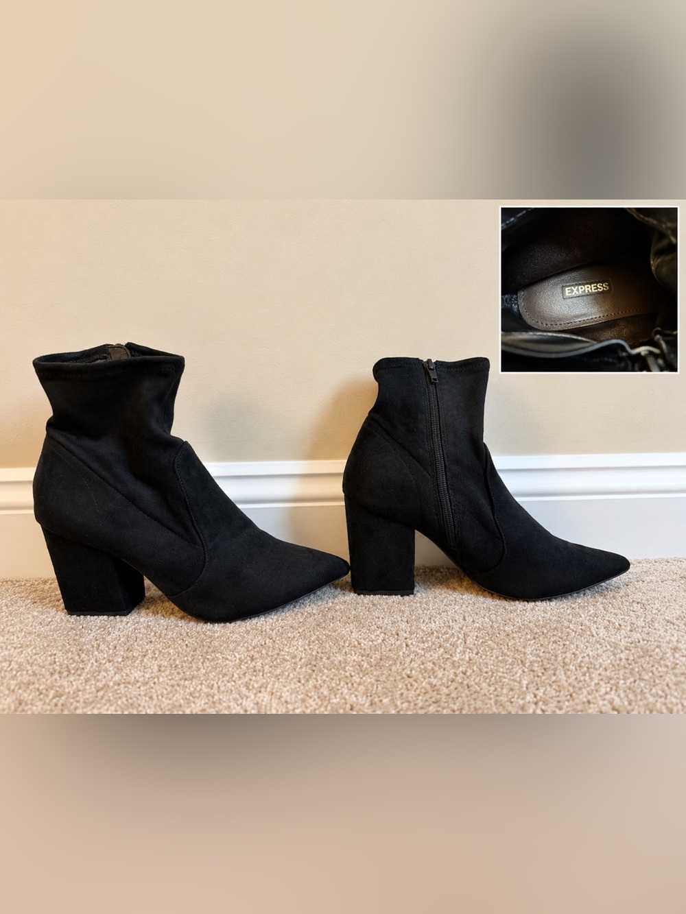 Express Black Suede High Block Heel Ankle Booties
